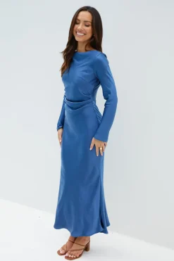 The Forget Me Not Satin Midi Dress Navy