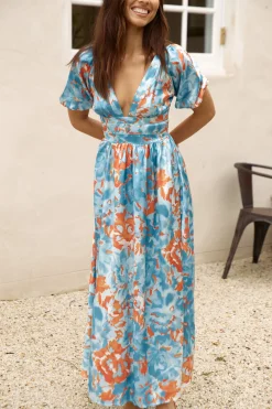 Through Oceans Satin Maxi Dress Blue