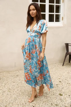 Through Oceans Satin Maxi Dress Blue
