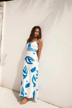 Whirlwind Skies Satin Maxi Dress Blue